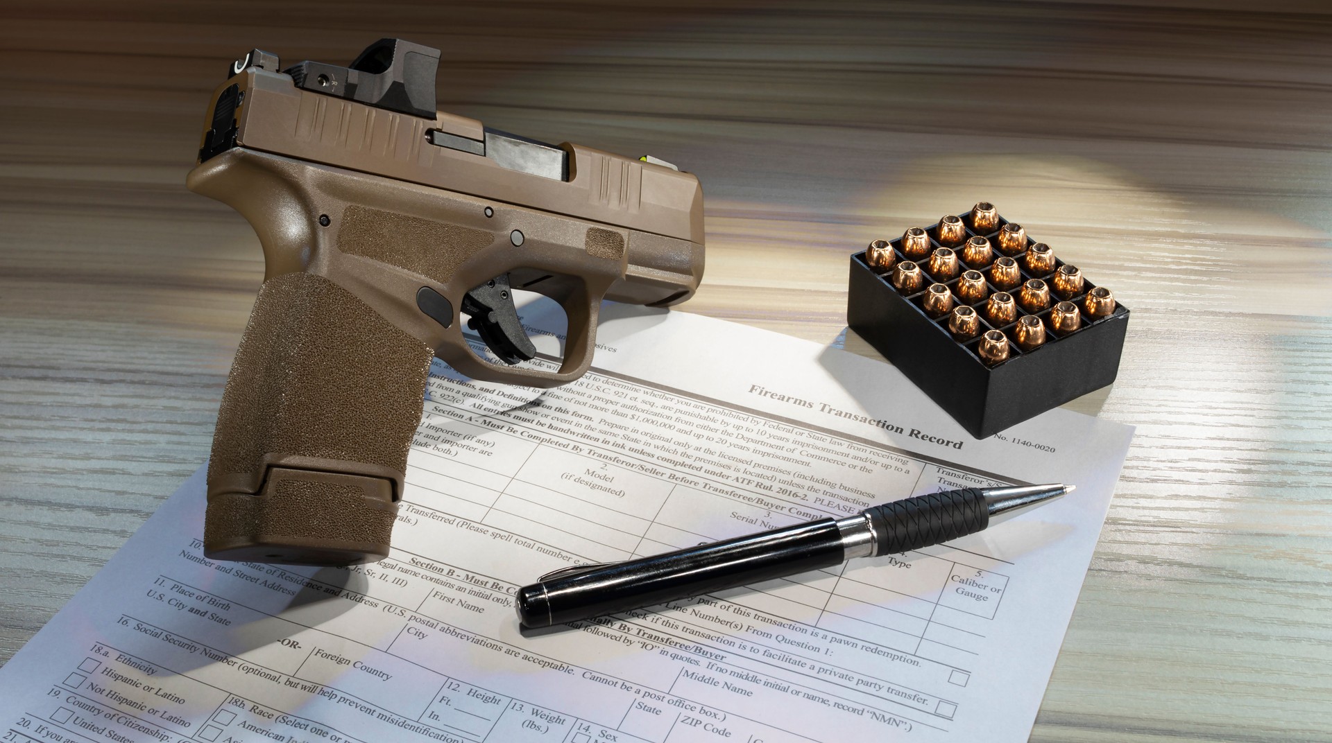 semi auto pistol with cartridges and form 4473